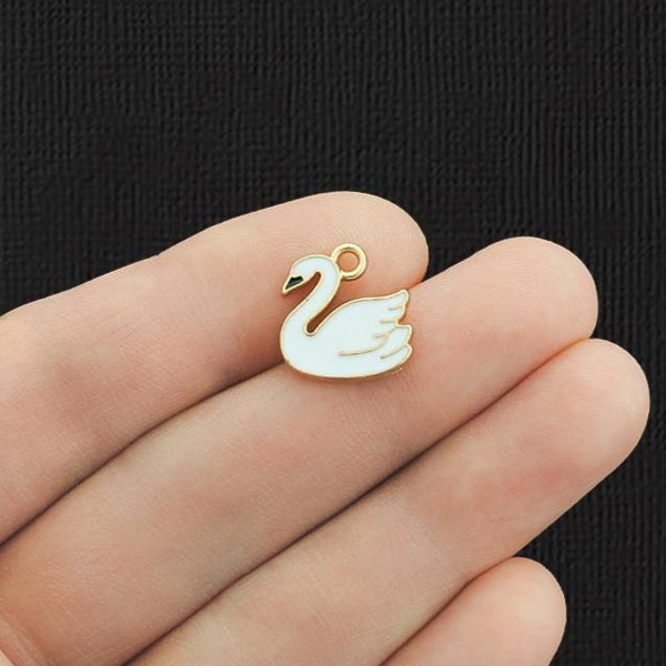 10 White Swan Gold Tone Enamel Charms - E994