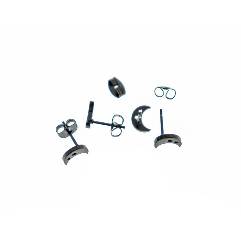 Gunmetal Black Stainless Steel Earrings - Crescent Moon Studs - 8mm x 6mm - 2 Pieces 1 Pair - ER436