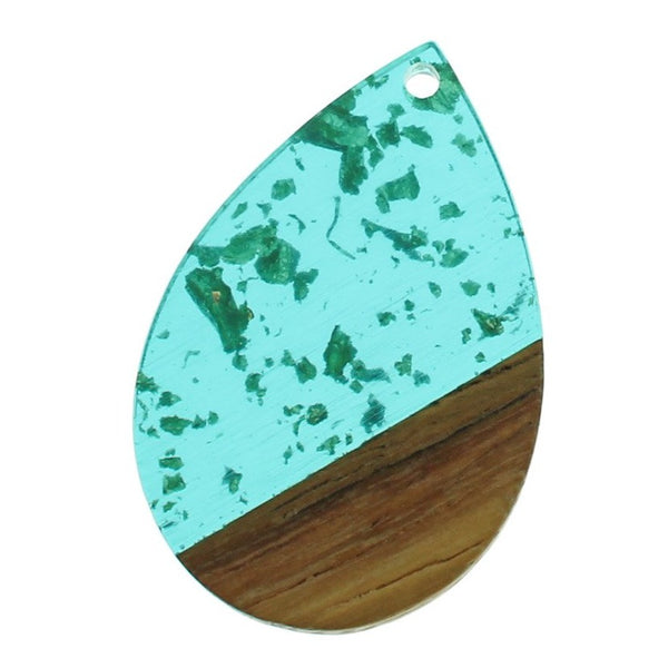 VENTE Teardrop Natural Wood and Blue and Gold Resin Charm 35mm - WP314