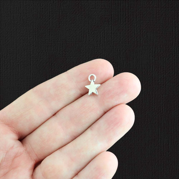 15 Solid Star Antique Silver Tone Charms 2 Sided - SC2912