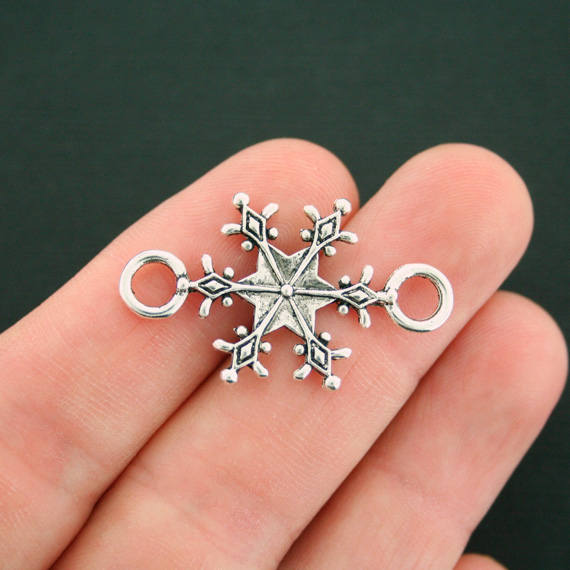 6 Snowflake Connector Antique Silver Tone Charms 2 Sided - XC112