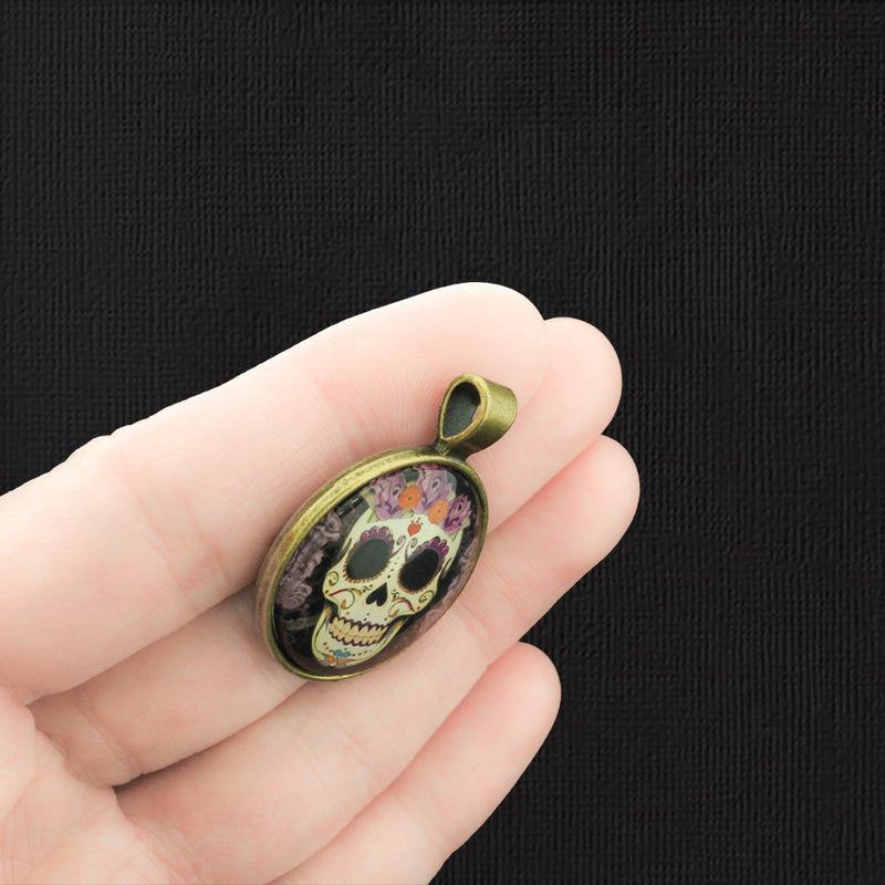 Floral Skull Antique Bronze Tone and Glass Cabochon Charm - BC291