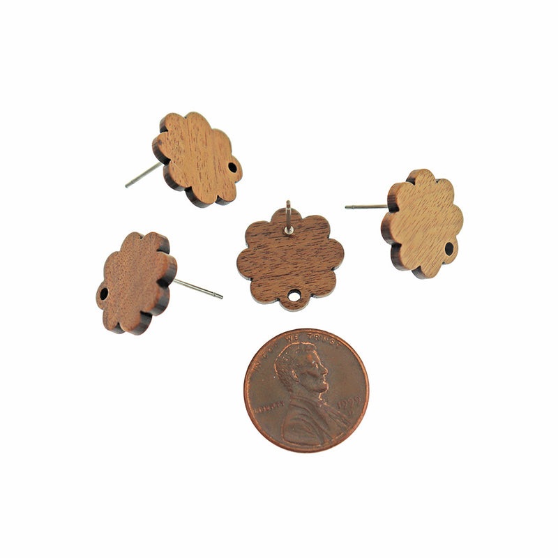 Wood Zinc Alloy Earrings - Flower Studs - 17mm x 16mm - 2 Pieces 1 Pair - ER635