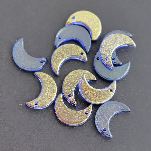 10 Blue Glitter Crescent Moon Glass Charms - Z618