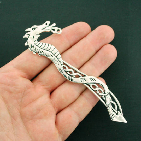 2 Dragon Bookmarks Antique Silver Tone 2 Sided - SC7213