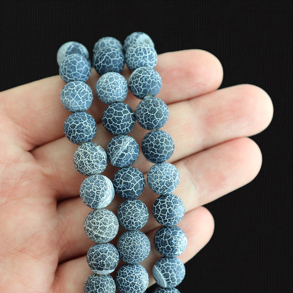 Round Natural Agate Beads 10mm - Blue Crackle - 1 Full Strand 38 Beads - BD2392