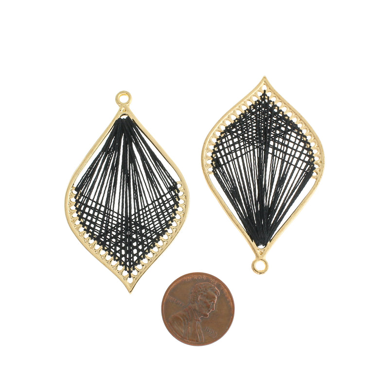 2 Black Woven Leaf Gold Tone Pendants - TSP288