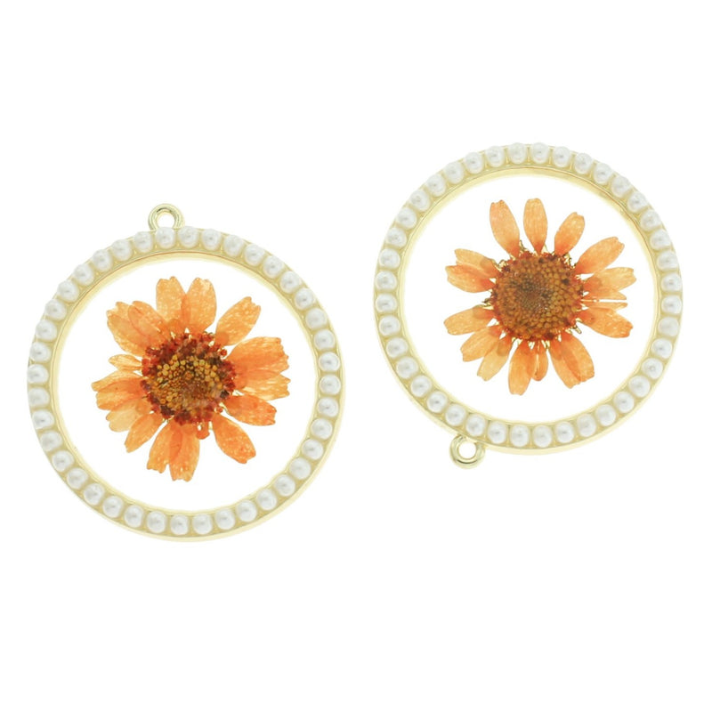 SALE Orange Dried Flower Gold Tone and Resin Charm with Imitation Pearl - K456