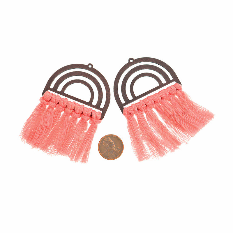 Polycotton Fan Tassels - Natural Wood and Pink - 2 Pieces - TSP320