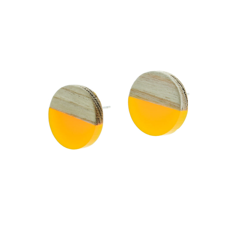 Wood Stainless Steel Earrings - Yellow Resin Round Studs - 15mm - 2 Pieces 1 Pair - ER103