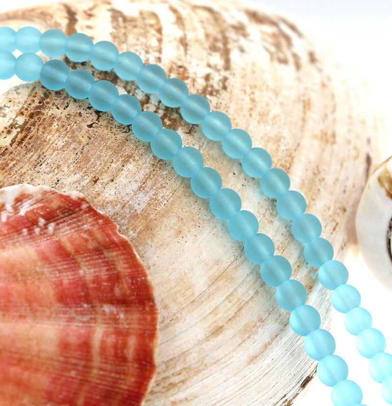 Perles rondes en verre de mer de culture 4 mm - Turquoise givrée - 1 rang 48 perles - U155