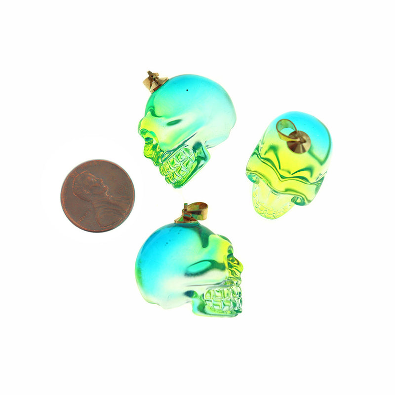 Green Electroplated Skull Glass Pendant Gold Tone Charm 3D - Z138