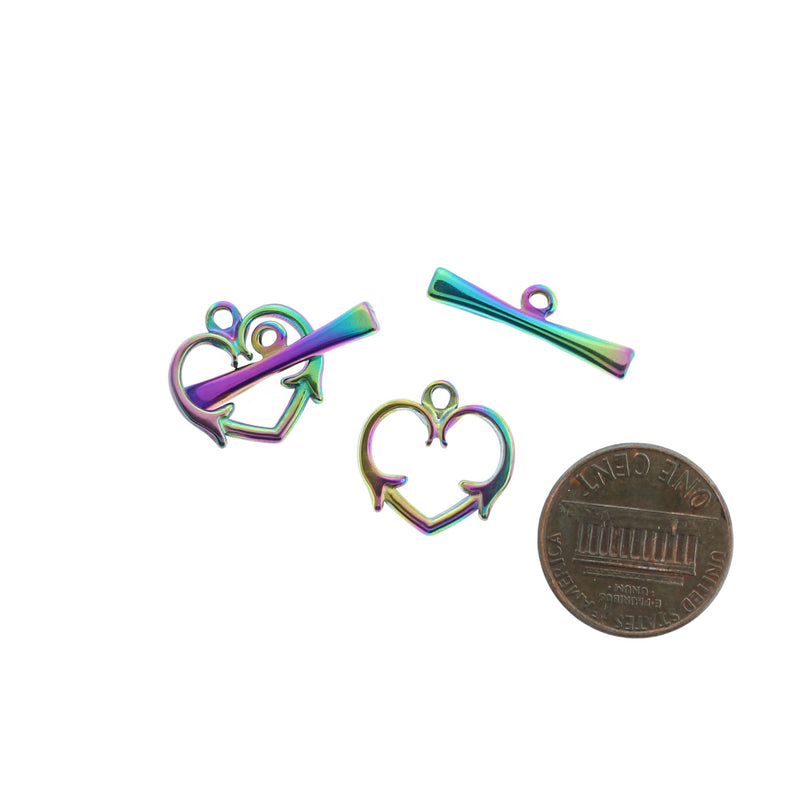 Rainbow Electroplated Stainless Steel Heart Toggle Clasps 15mm x 15.5mm - 1 Set 2 Pieces - FD1011