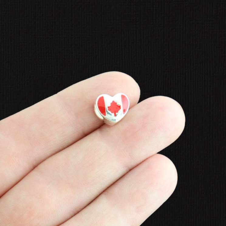 Perles en métal entretoise drapeau Canada 11 mm x 10 mm - ton argent et émail rouge - 4 perles - E1475
