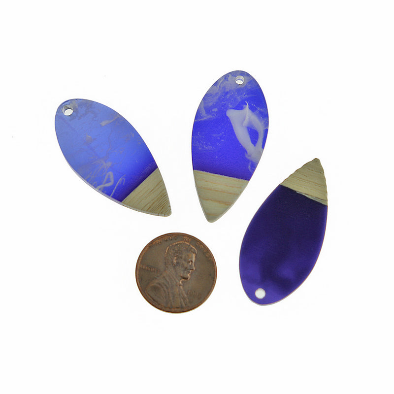 2 Teardrop Natural Wood and Resin Charms 38mm - Marbled Blue - WP554