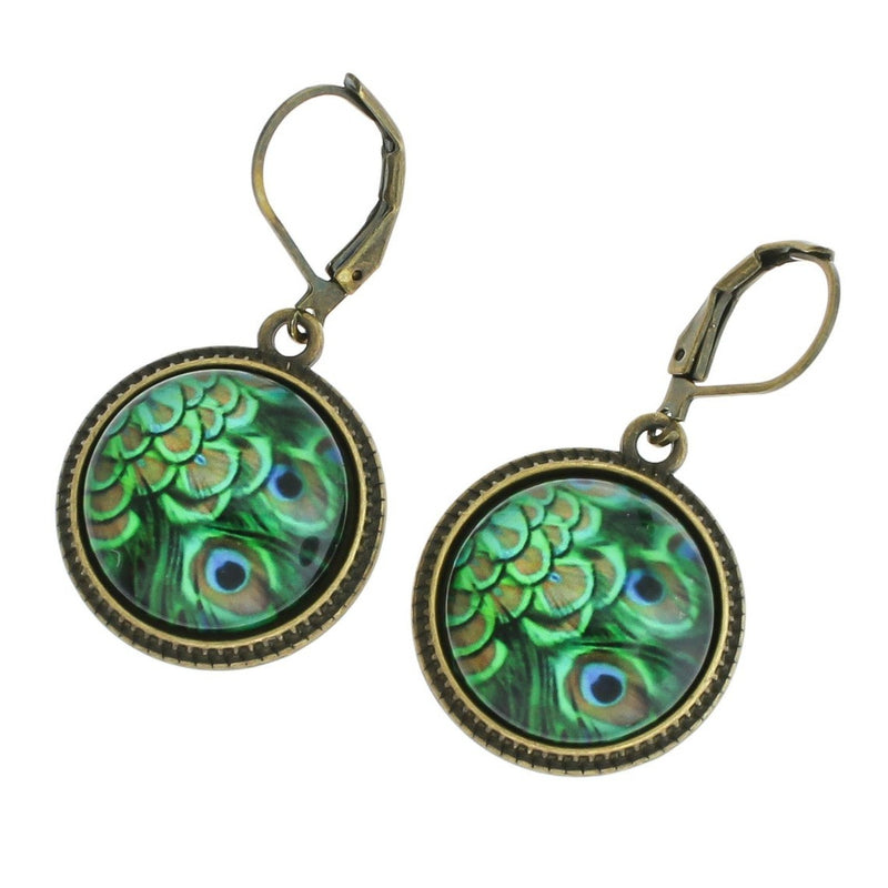 Peacock Glass Earrings - Antique Bronze Tone Lever Back - 2 Pieces 1 Pair - ER244
