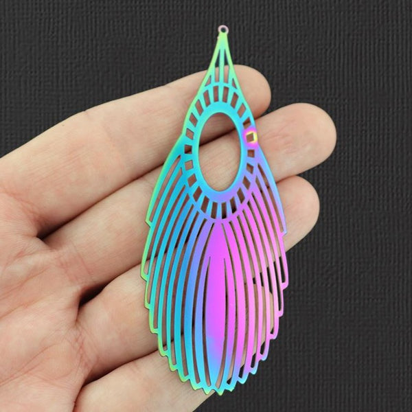 2 Feather Rainbow Electroplated Stainless Steel Charms 2 Sided - SSP204