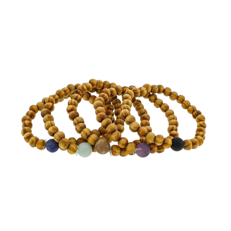 Round Wooden Bead Bracelets 50mm - Brown with Gemstone Accent Bead - 4 Bracelets - BB178