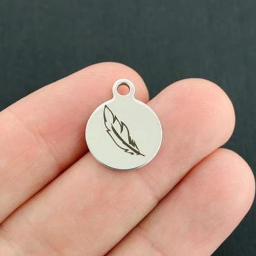Feather Stainless Steel Small Round Charms - BFS002-3887