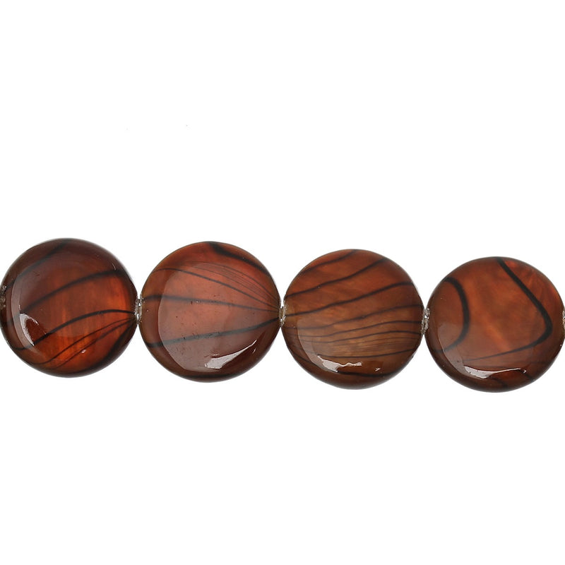Perles plates rondes en coquillage naturel 11,5 mm - Marbre brun chocolat et noir - 1 brin 35 perles - BD802
