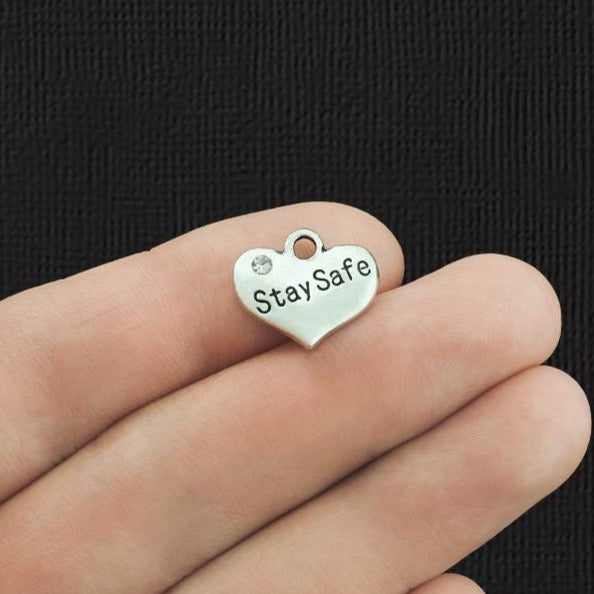 4 Stay Safe Heart Antique Silver Tone Charms 2 faces avec strass incrustés - SC2909