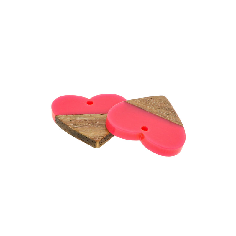 2 Heart Natural Wood and Pink Resin Charms 25mm - WP006