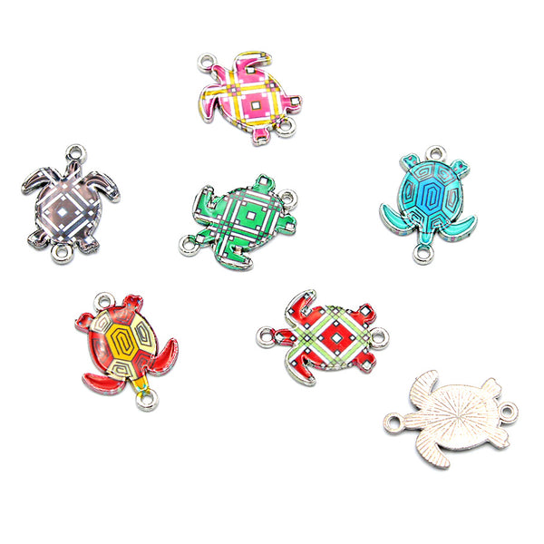 4 Assorted Turtle Connector Silver Tone Enamel Charms - E1072