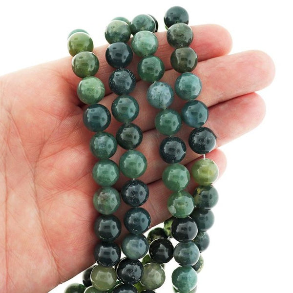 Perles rondes en agate naturelle 10 mm - Vert forêt - 1 rang 40 perles - BD2380