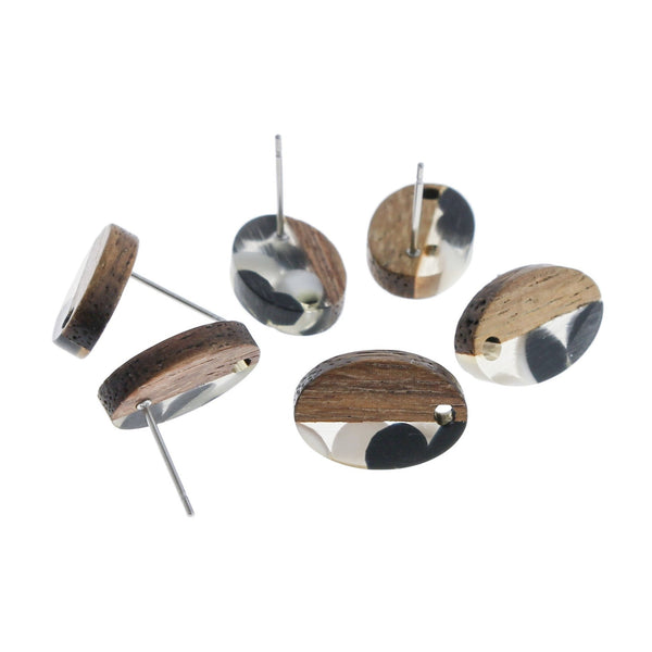 Wood Stainless Steel Earrings - Black and White Resin Oval Studs - 15mm x 10mm - 2 Pieces 1 Pair - ER301