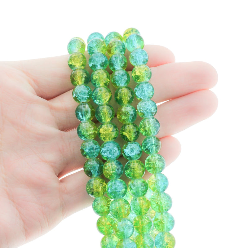 Round Glass Beads 8mm - Green and Sky Blue Crackle - 1 Strand 145 Beads - BD1317