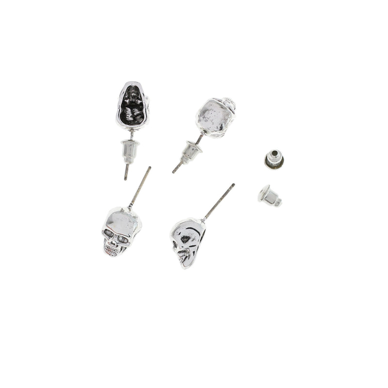 Boucles d'oreilles en laiton argenté - Tête de mort - 8 mm x 7 mm - 2 pièces 1 paire - ER447