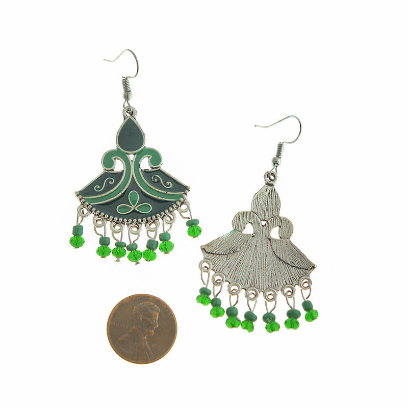 Green Enamel Dangle Earrings - Silver Tone French Hook Style - 2 Pieces 1 Pair - ER543