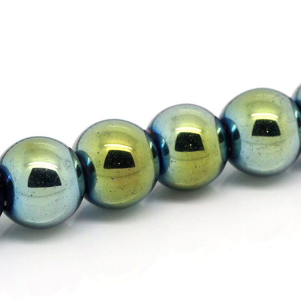 Round Hematite Beads 8mm - Metallic Green - 1 Strand 53 Beads - BD315