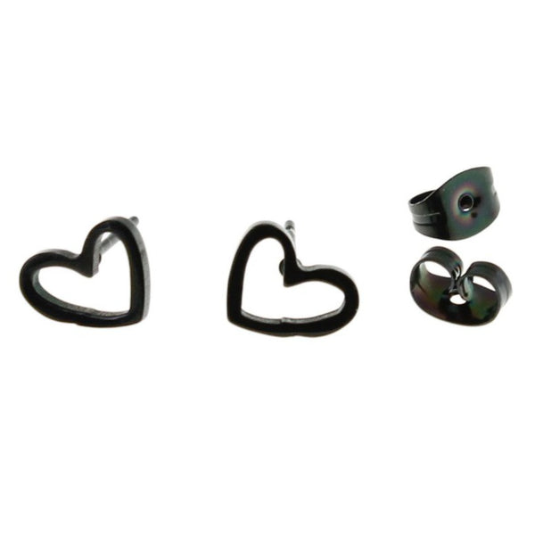 Gunmetal Black Stainless Steel Earrings - Heart Studs - 9mm x 8mm - 2 Pieces 1 Pair - ER239