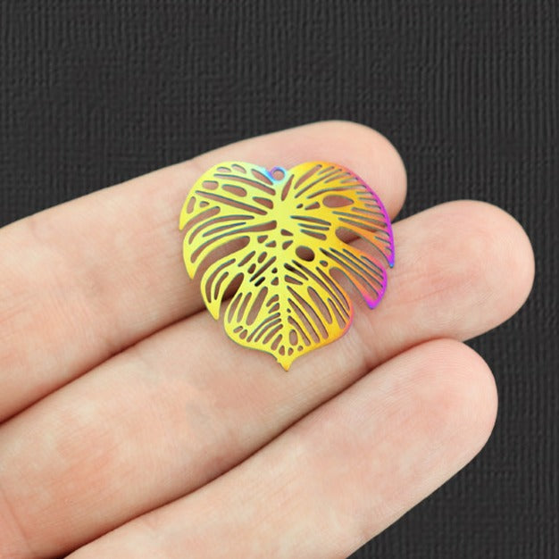 4 Tropical Leaf Rainbow Electroplated Stainless Steel Charms 2 Sided - SSP235