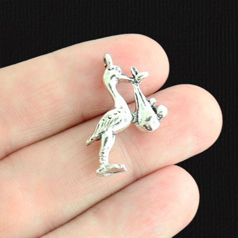 4 Stork Antique Silver Tone Charms 2 Sided - SC2415