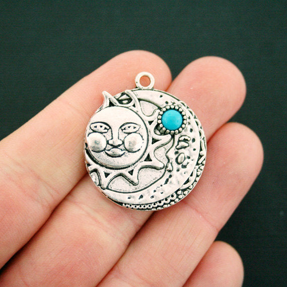 2 Sun and Moon Antique Silver Tone Charm With Imitation Turquoise - SC6610