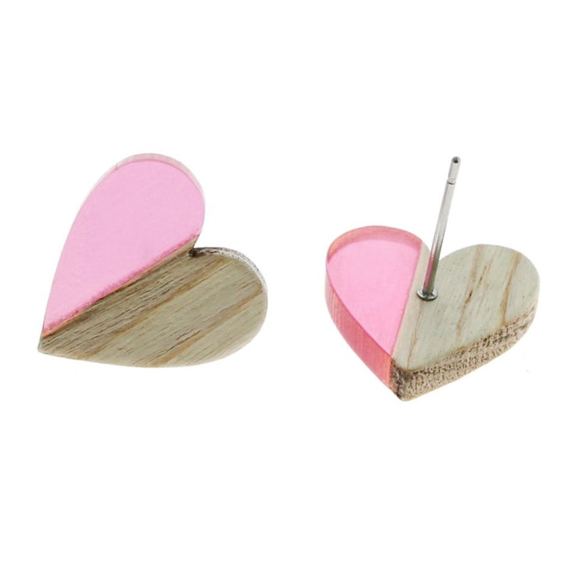 Wood Stainless Steel Earrings - Light Pink Resin Heart Studs - 15mm x 14mm - 2 Pieces 1 Pair - ER126