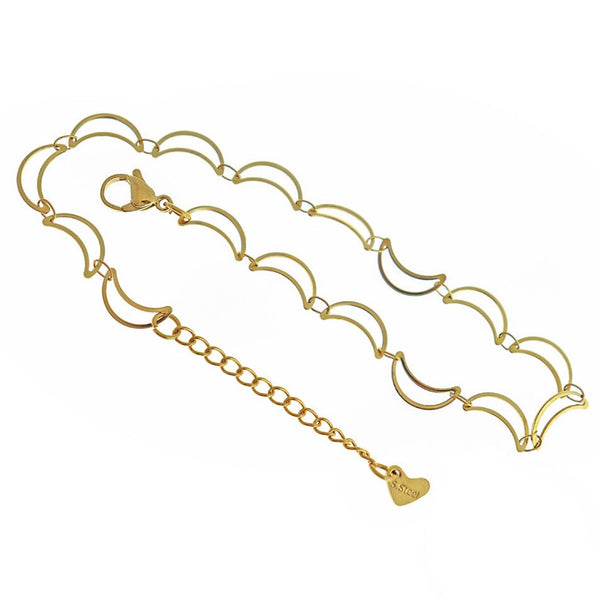 Gold Stainless Steel Crescent Moon Chain Bracelet 8" Plus Extender - 3mm - 1 Bracelet - N434