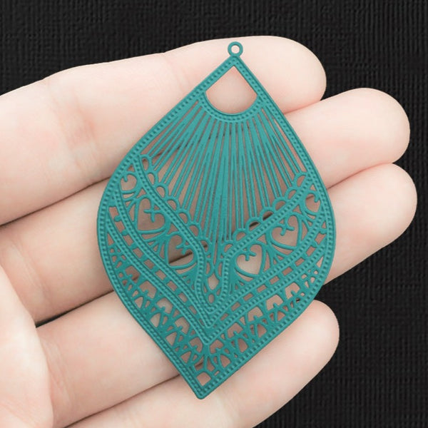 2 Filigree Teardrop Teal Enamel Charms - E1422