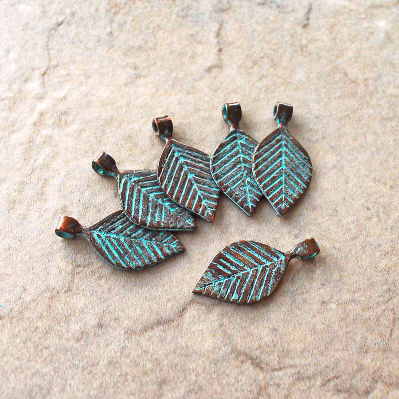 Leaf Antique Copper Tone Mykonos Charms with Green Patina 2 Sided - BC1549