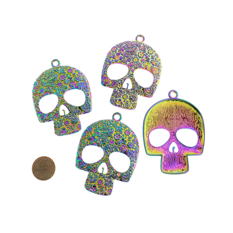 Floral Skull Rainbow Electroplated Charm - E1260