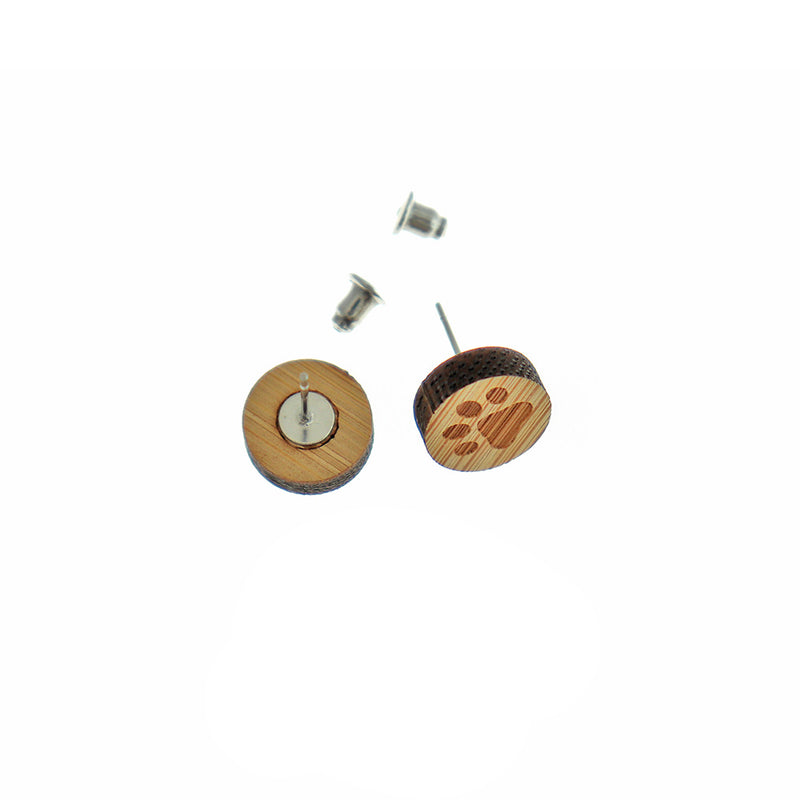Wood Stainless Steel Earrings - Paw Print Studs -12mm - 2 Pieces 1 Pair - ER449