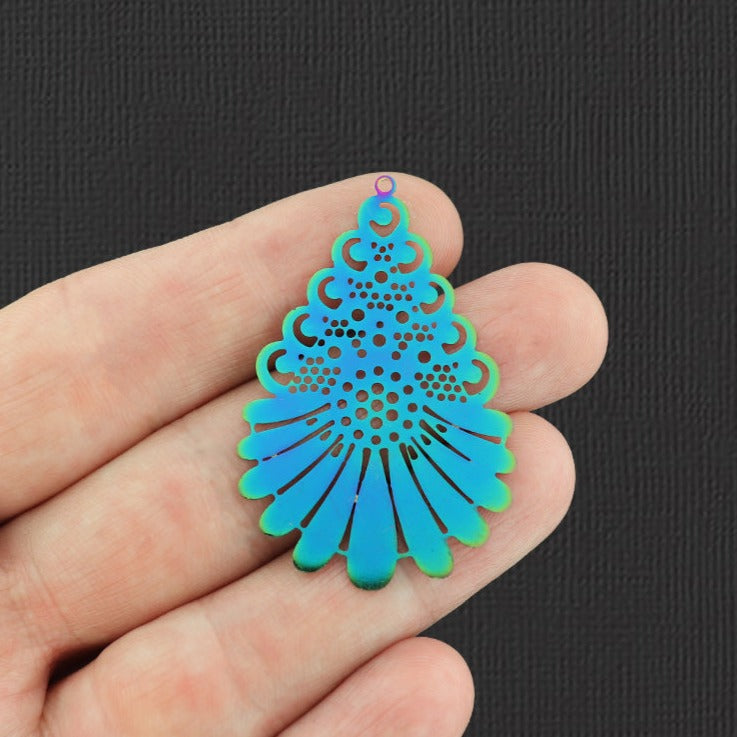 2 Feather Filigree Rainbow Electroplated Enamel Charms - E376