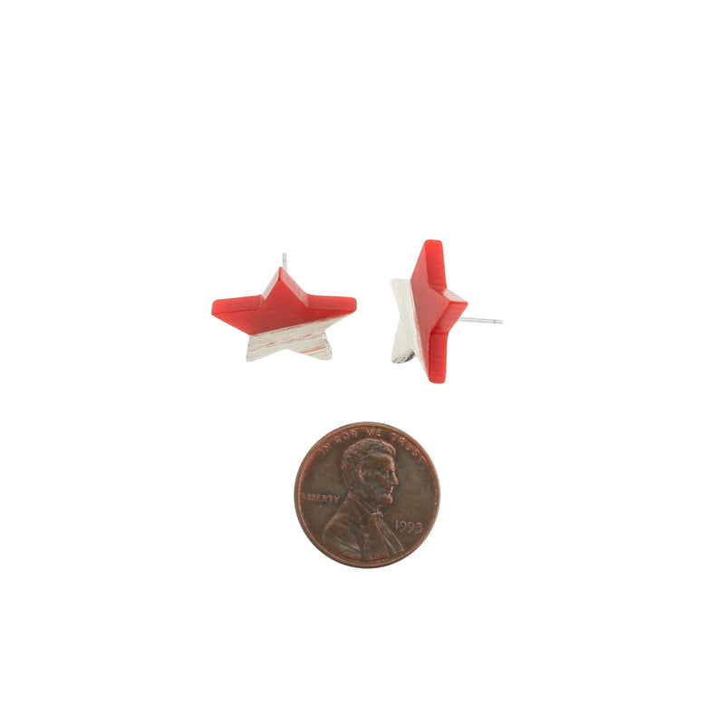 Wood Stainless Steel Earrings - Red Resin Star Studs - 18mm x 17mm - 2 Pieces 1 Pair - ER136