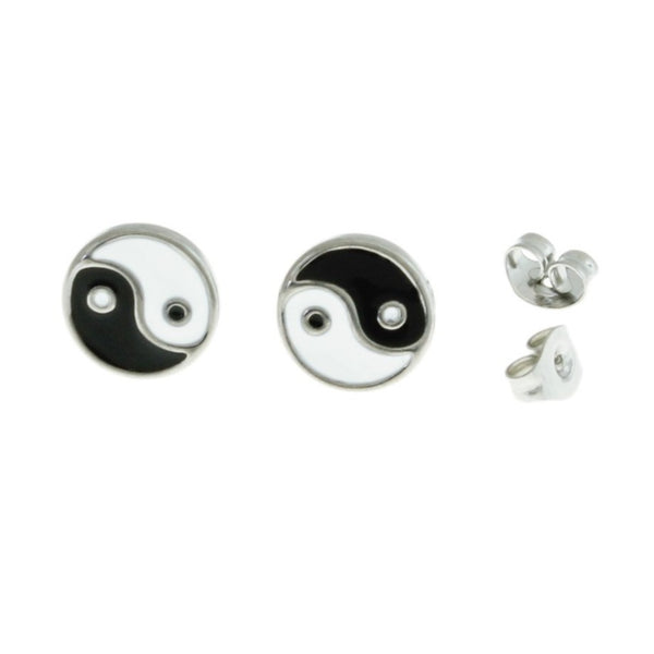 Boucles d'Oreilles Acier Inoxydable - Goujons Yin Yang Résine - 10mm - 2 Pièces 1 Paire - ER202