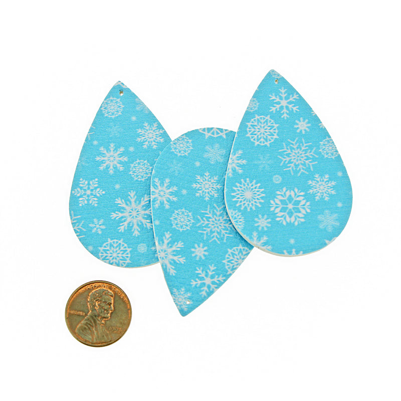 Imitation Leather Teardrop Pendants - Blue Snowflake - 4 Pieces - LP086