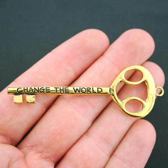 SALE Change the World Key Antique Gold Tone Charm 2 Sided - GC655