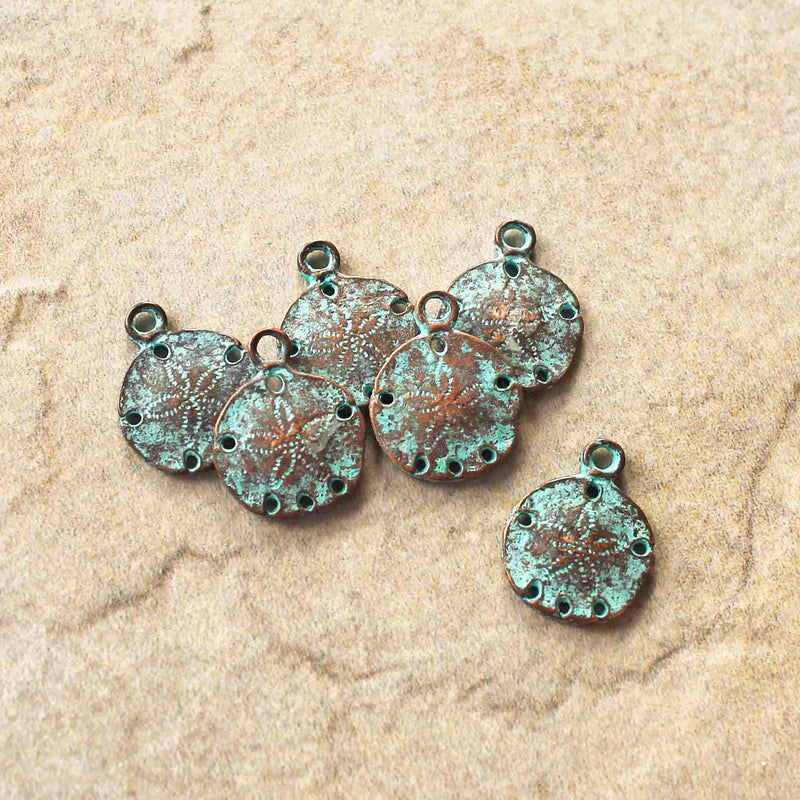 2 Sand Dollar Antique Copper Tone Mykonos Charms with Green Patina - BC1564