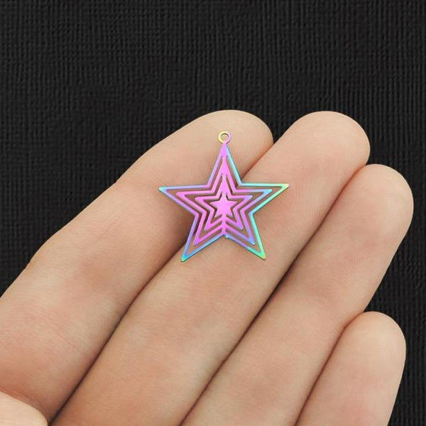 2 Filigree Star Rainbow Electroplated Stainless Steel Charms 2 Sided - SSP270